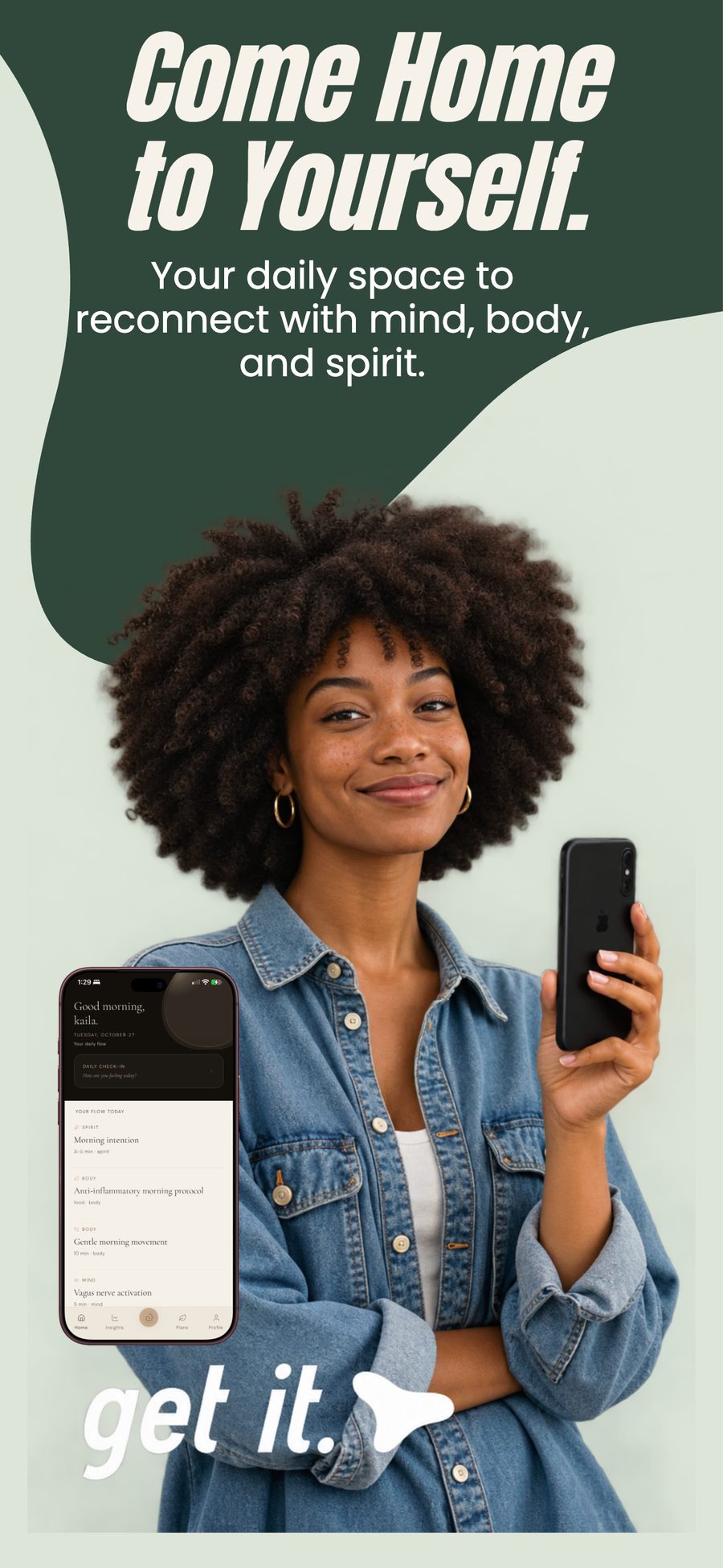 Ora Within app preview: a woman smiling and holding a phone, with the message “Come Home to Yourself.” and a small view of the Home screen.