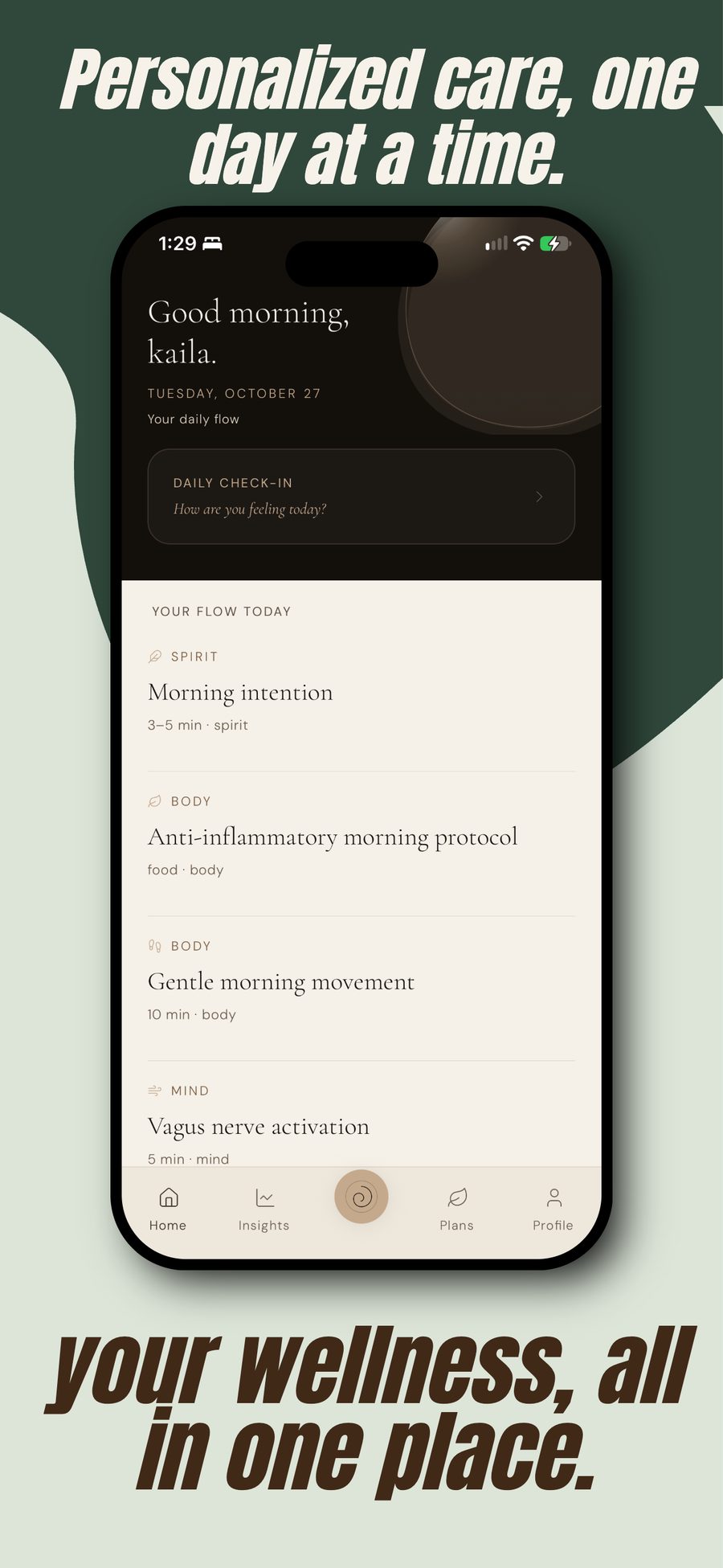 The Ora Within Home screen showing a daily check-in prompt and “Your flow today” cards for spirit, body and mind, with the message “Your wellness, all in one place.”