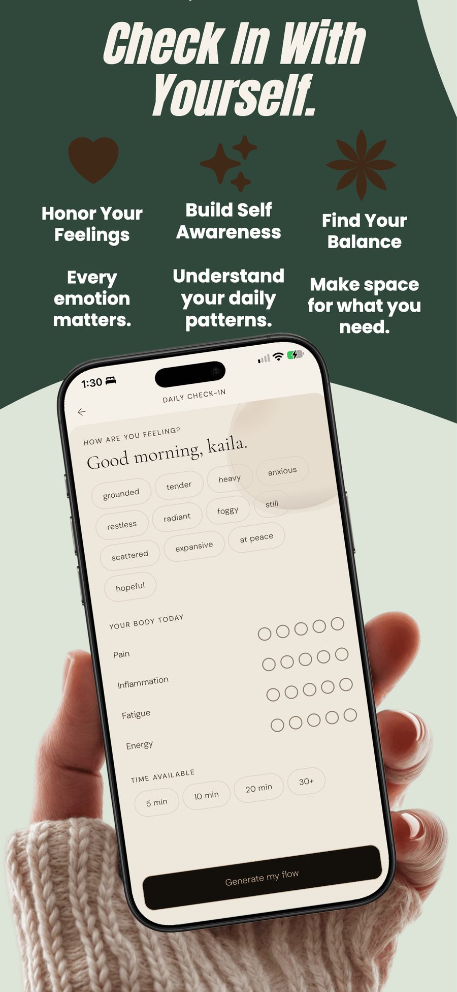 The Ora Within daily check-in screen with feeling choices, body ratings for pain, inflammation, fatigue and energy, and time available, beneath the headline “Check In With Yourself.”