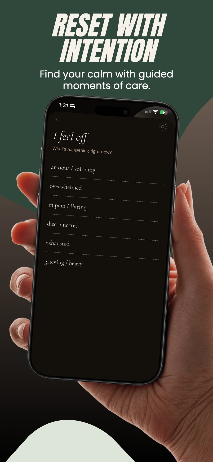 The Ora Within Reset screen that asks “What’s happening right now?” with options like anxious, overwhelmed and exhausted, beneath the headline “Reset With Intention.”