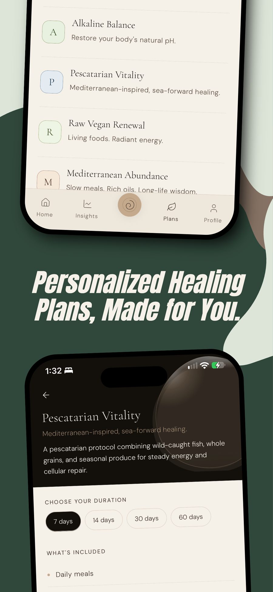 The Ora Within Plans list and a plan detail screen with 7, 14, 30 and 60 day options, beneath the headline “Personalized Healing Plans, Made for You.”
